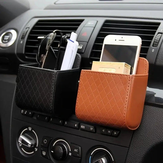 Car Air Vent PU Leather Organizer | Universal Phone & Glasses Holder | Compact Car Storage Box