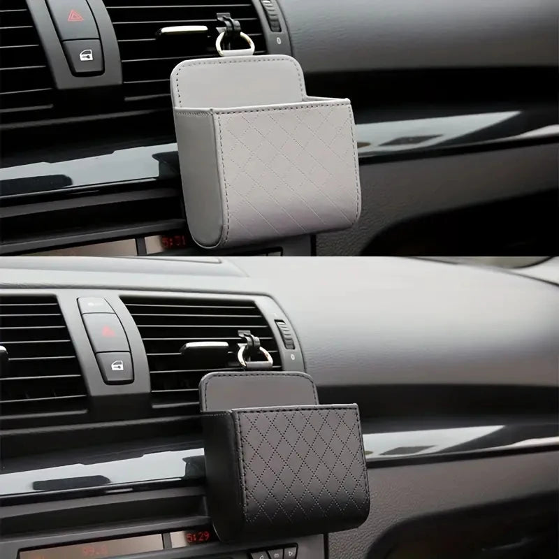 Car Air Vent PU Leather Organizer | Universal Phone & Glasses Holder | Compact Car Storage Box