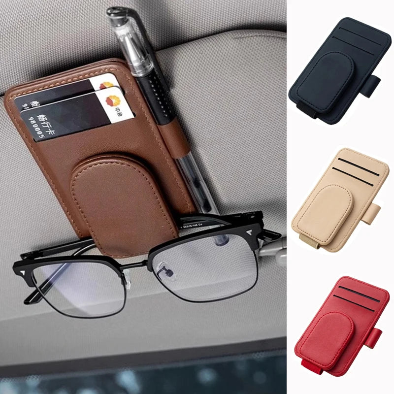 Car Sun Visor Sunglasses Holder | Magnetic PU Leather Glasses Clip with Card Organizer