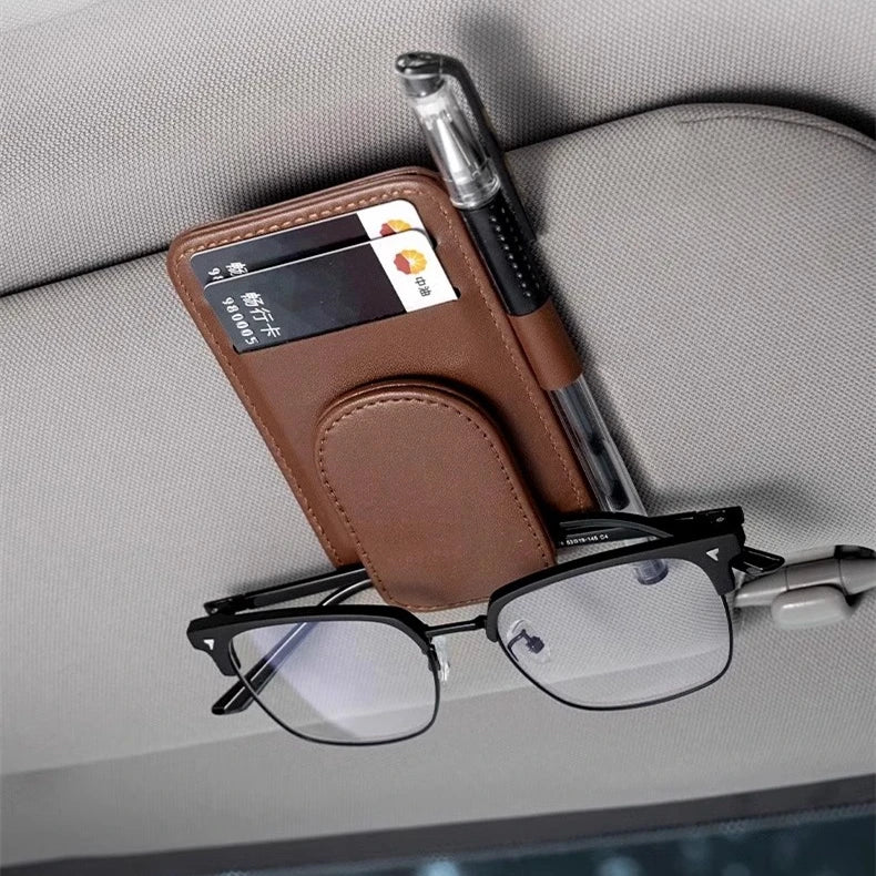 Car Sun Visor Sunglasses Holder | Magnetic PU Leather Glasses Clip with Card Organizer