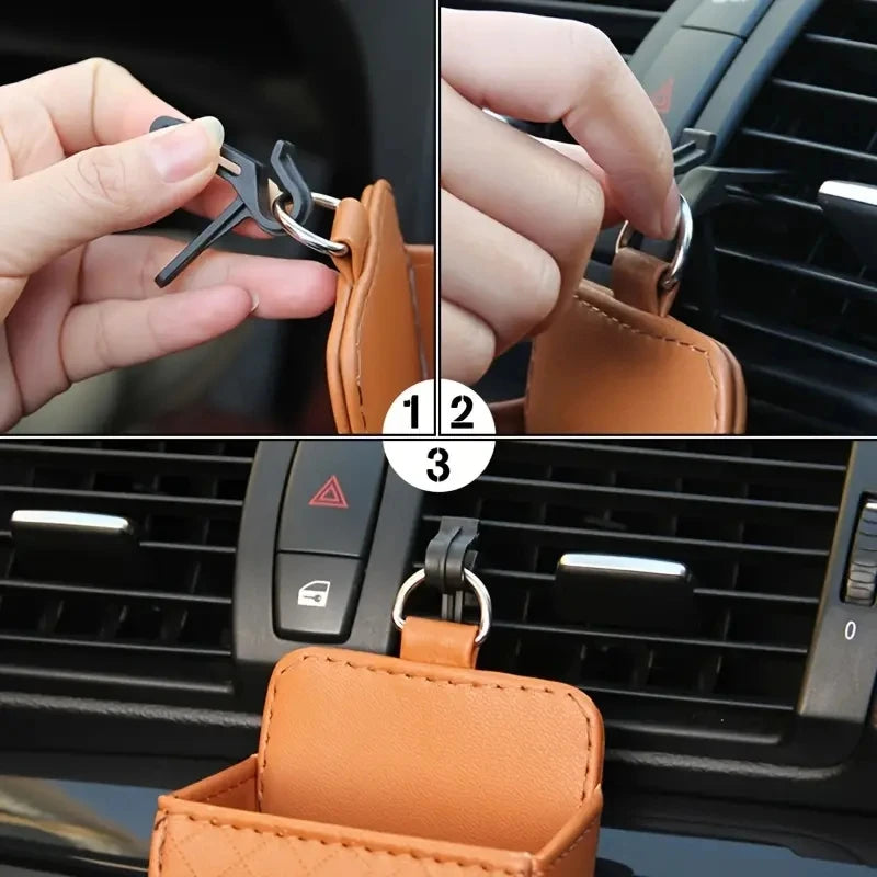 Car Air Vent PU Leather Organizer | Universal Phone & Glasses Holder | Compact Car Storage Box