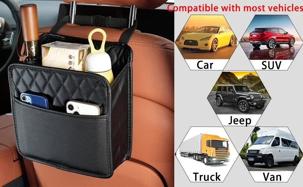 Multi-Function PU Leather Car Seat Back Organizer | Waterproof Storage Bag with Tissue & Cup Holder for Cars