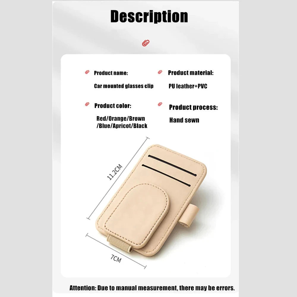 Car Sun Visor Sunglasses Holder | Magnetic PU Leather Glasses Clip with Card Organizer