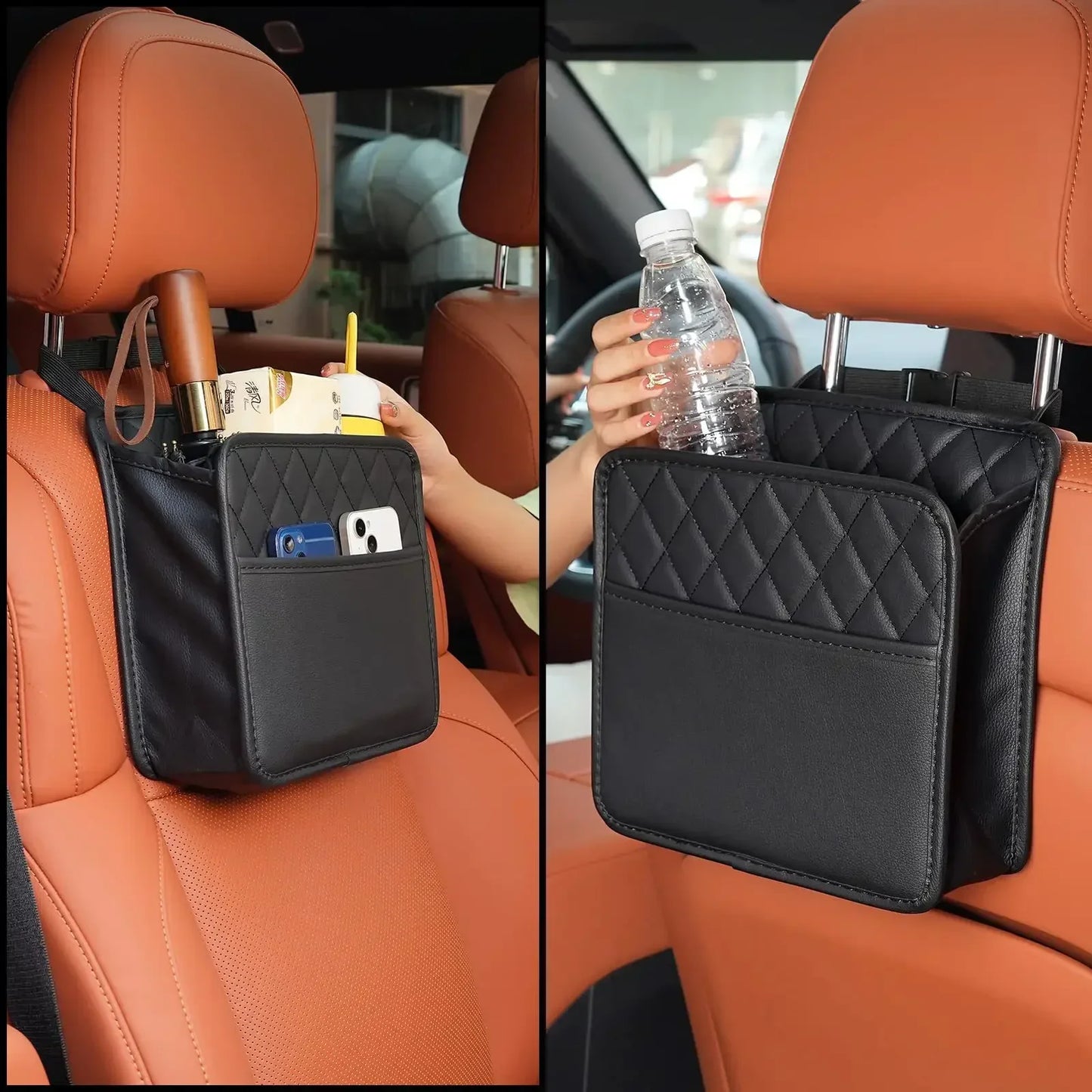 Multi-Function PU Leather Car Seat Back Organizer | Waterproof Storage Bag with Tissue & Cup Holder for Cars