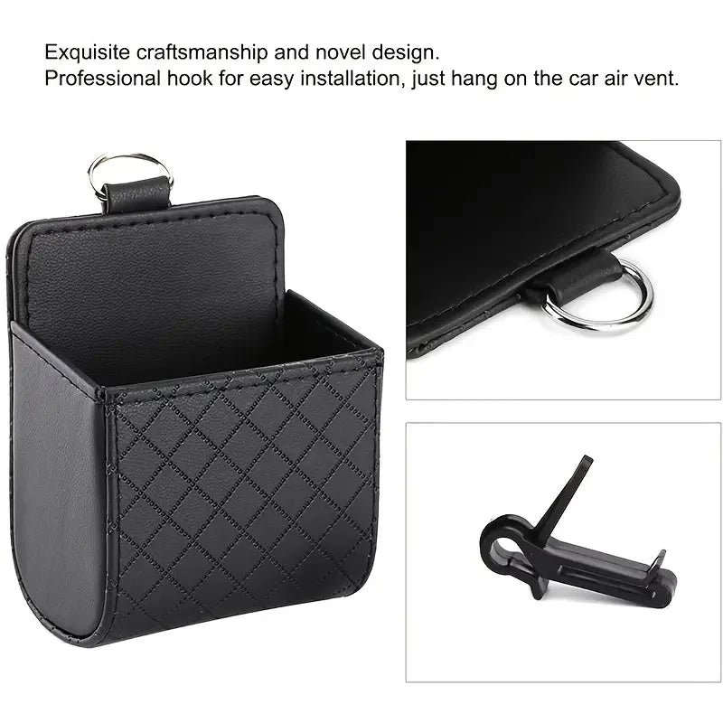 Car Air Vent PU Leather Organizer | Universal Phone & Glasses Holder | Compact Car Storage Box