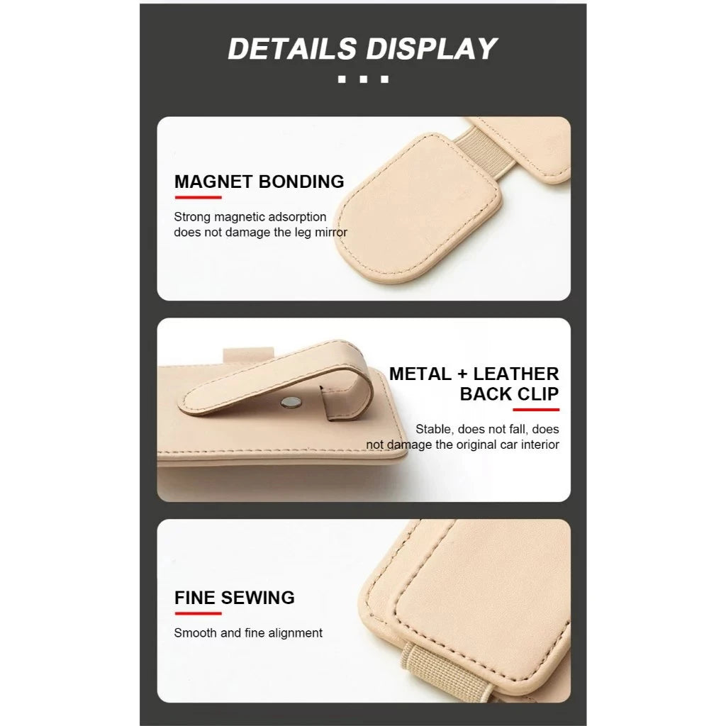 Car Sun Visor Sunglasses Holder | Magnetic PU Leather Glasses Clip with Card Organizer