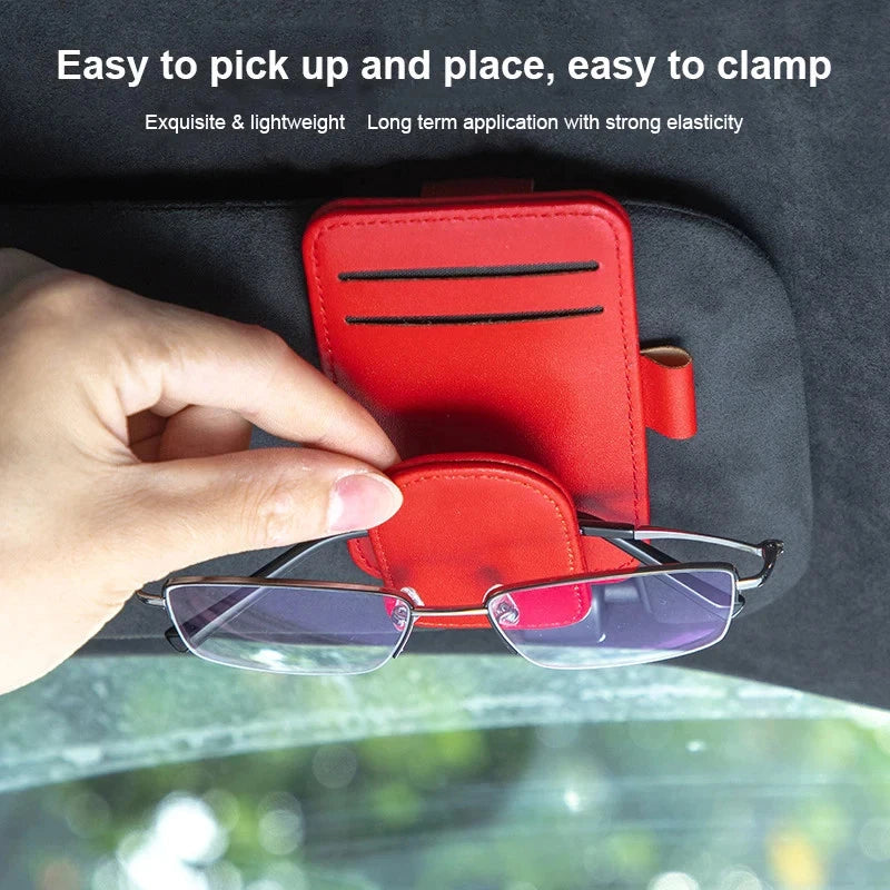 Car Sun Visor Sunglasses Holder | Magnetic PU Leather Glasses Clip with Card Organizer
