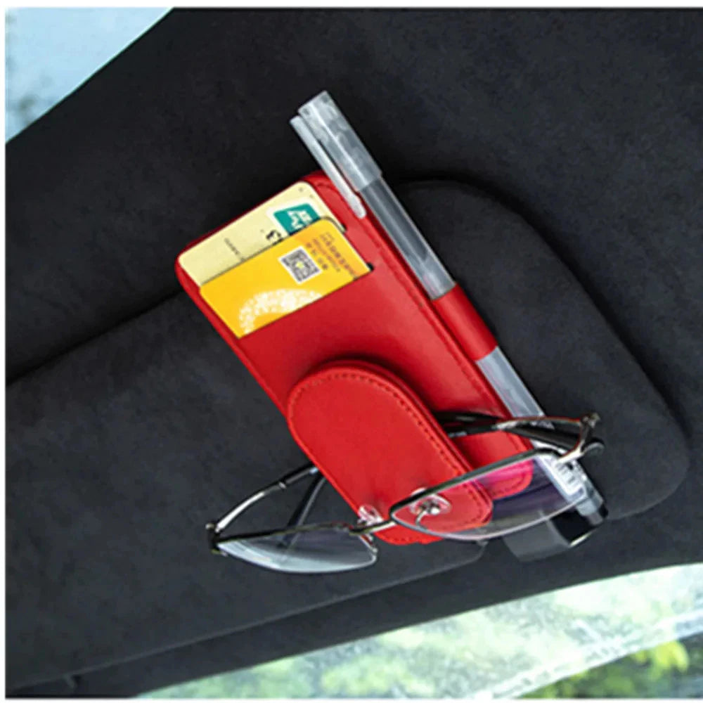 Car Sun Visor Sunglasses Holder | Magnetic PU Leather Glasses Clip with Card Organizer