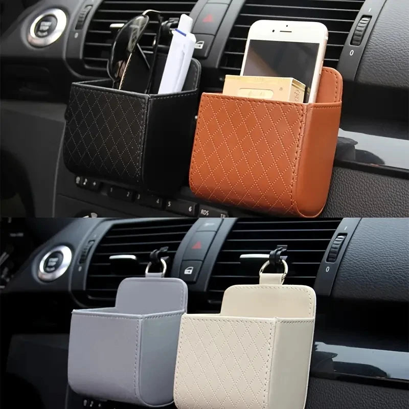 Car Air Vent PU Leather Organizer | Universal Phone & Glasses Holder | Compact Car Storage Box