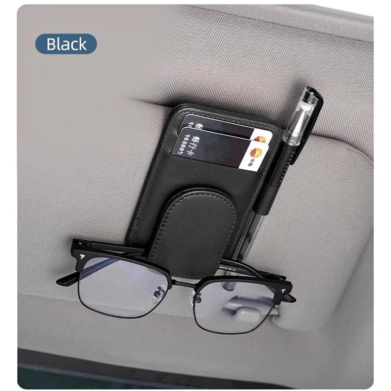 Car Sun Visor Sunglasses Holder | Magnetic PU Leather Glasses Clip with Card Organizer