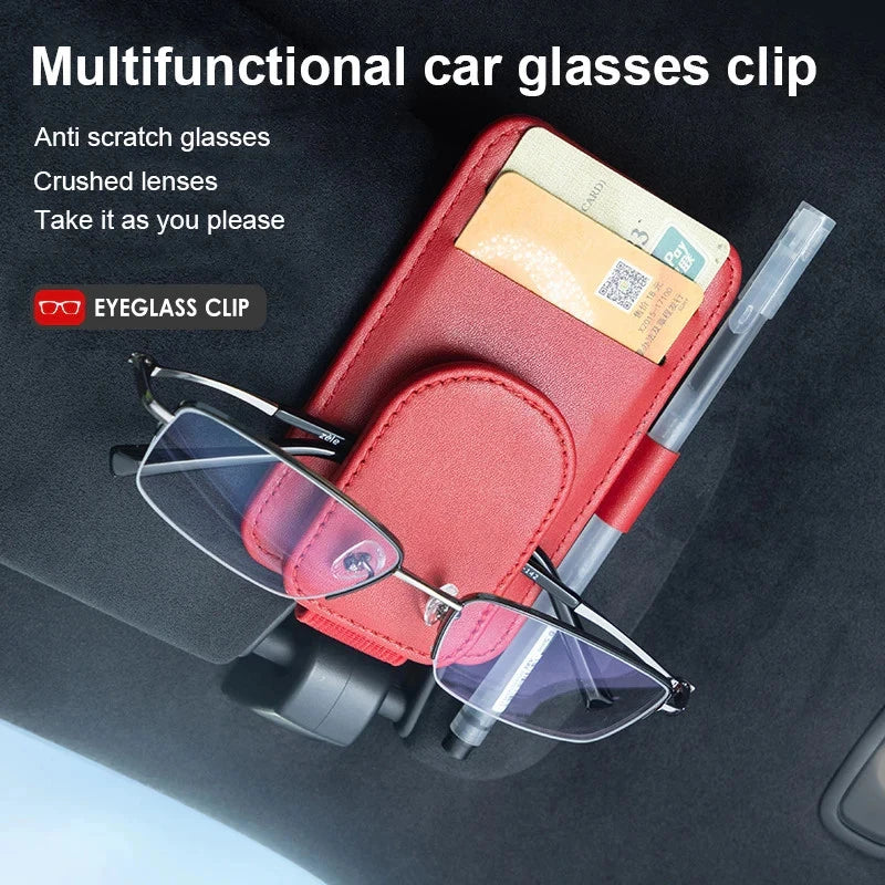 Car Sun Visor Sunglasses Holder | Magnetic PU Leather Glasses Clip with Card Organizer