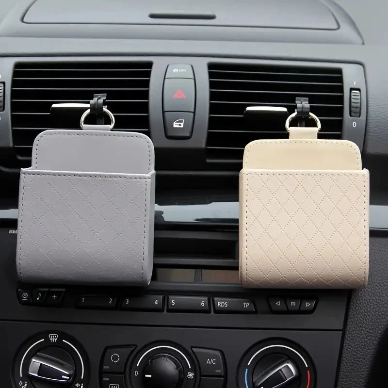 Car Air Vent PU Leather Organizer | Universal Phone & Glasses Holder | Compact Car Storage Box