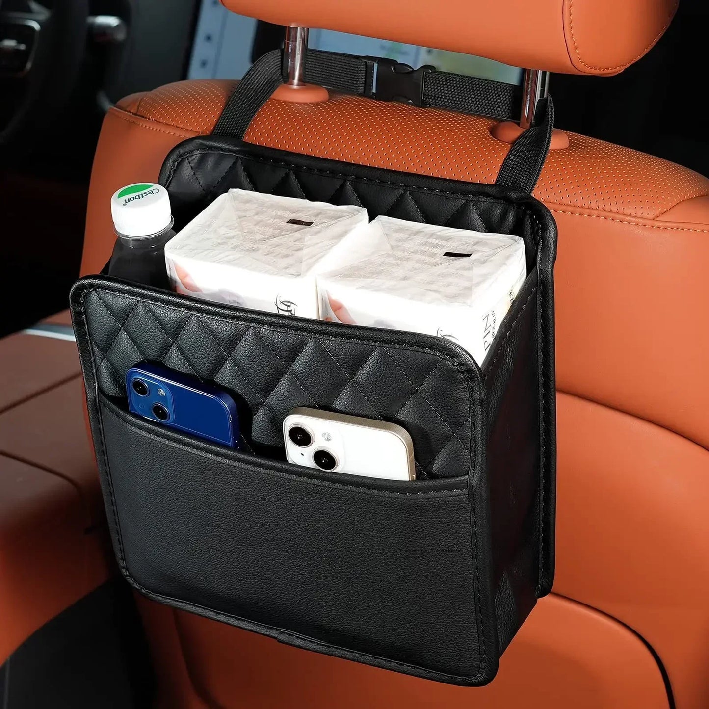 Multi-Function PU Leather Car Seat Back Organizer | Waterproof Storage Bag with Tissue & Cup Holder for Cars